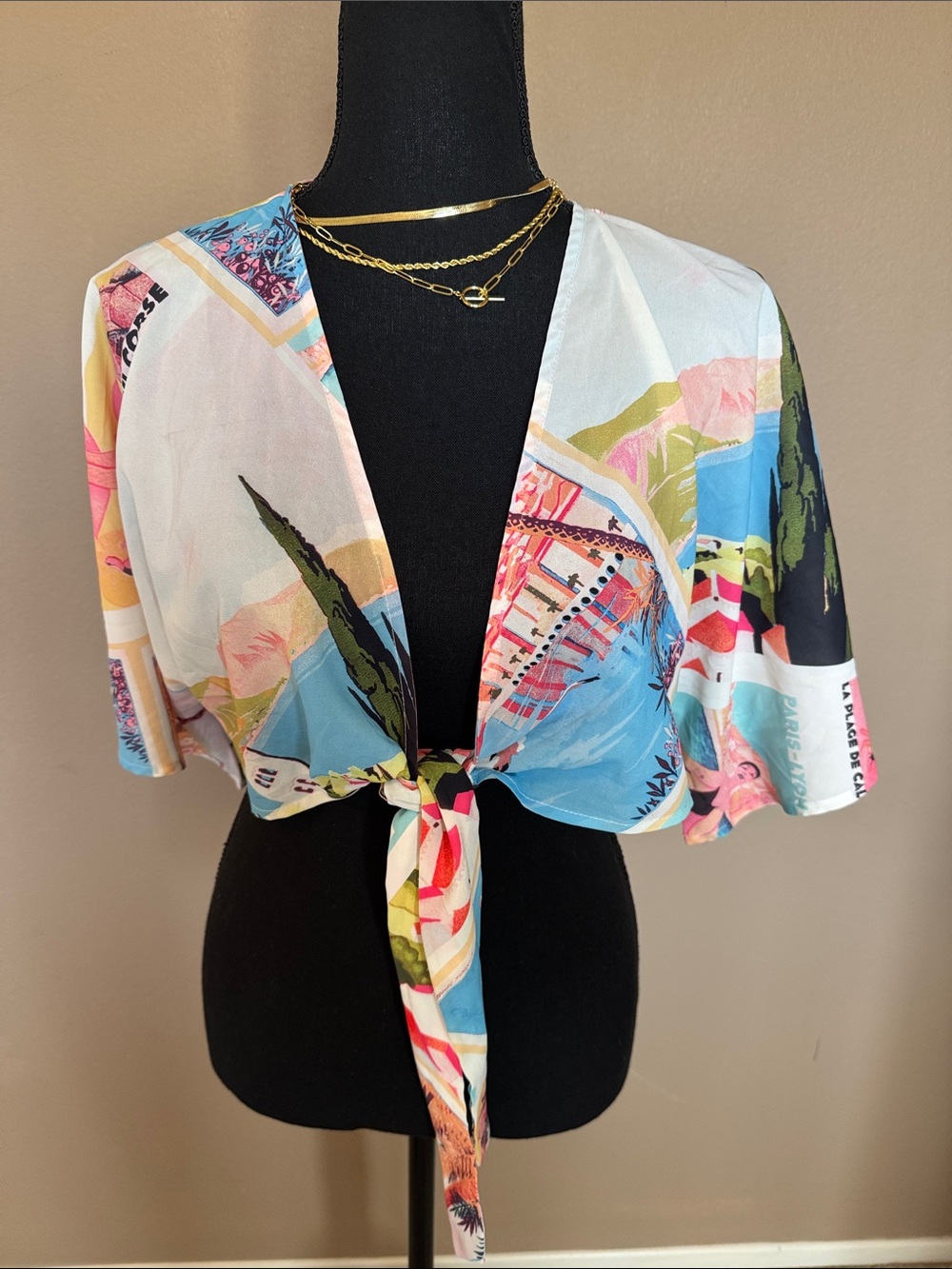 Tropical Print Tie-Front Crop Top - Pink & Blue by RNWY M